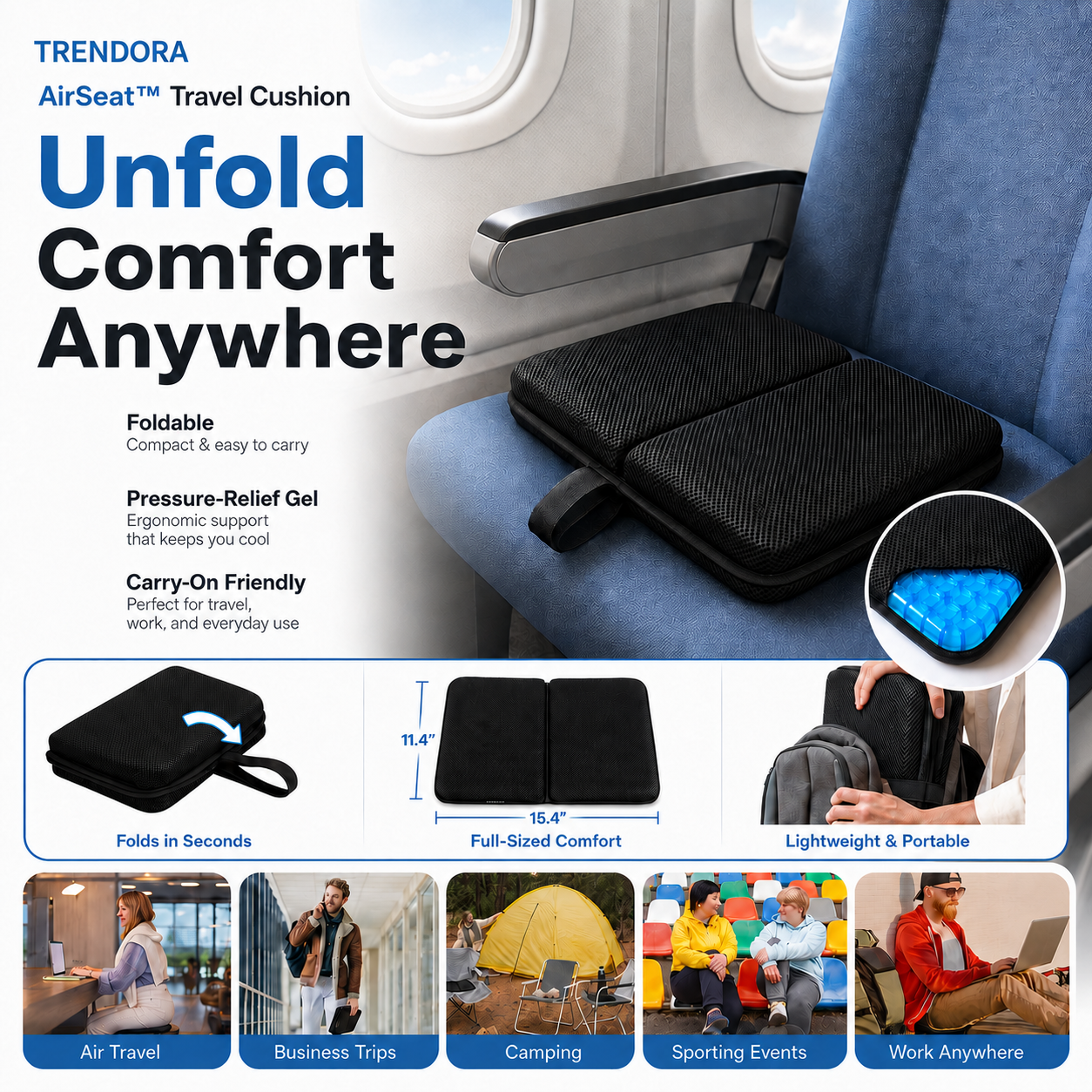 Travel cushion for flights camping work and sporting events