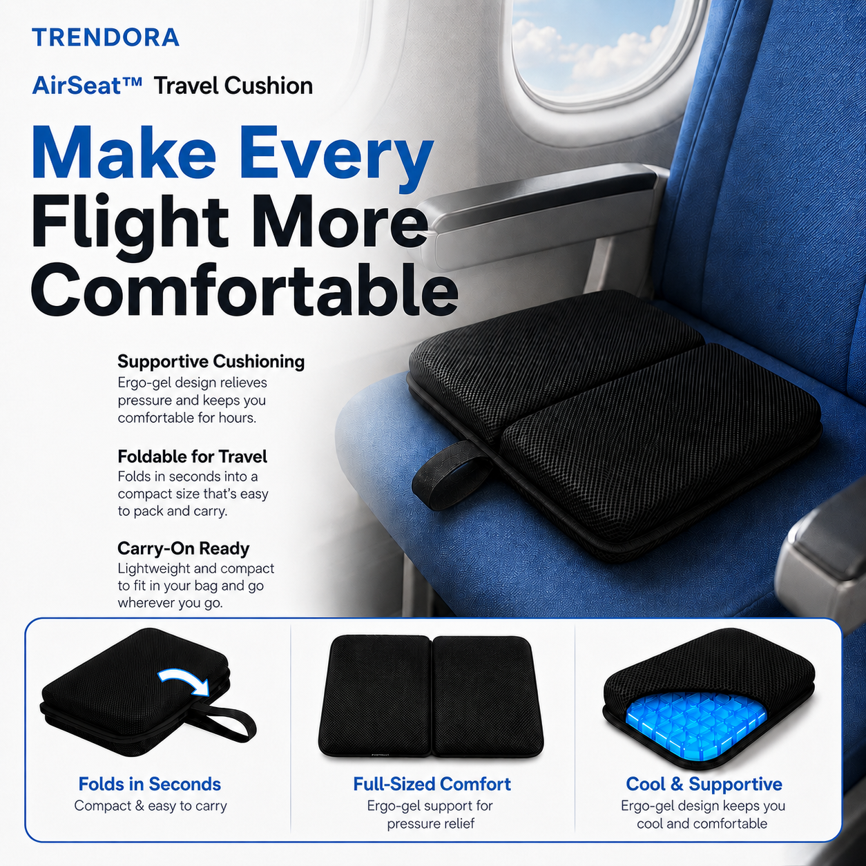 Supportive foldable airplane travel seat cushion
