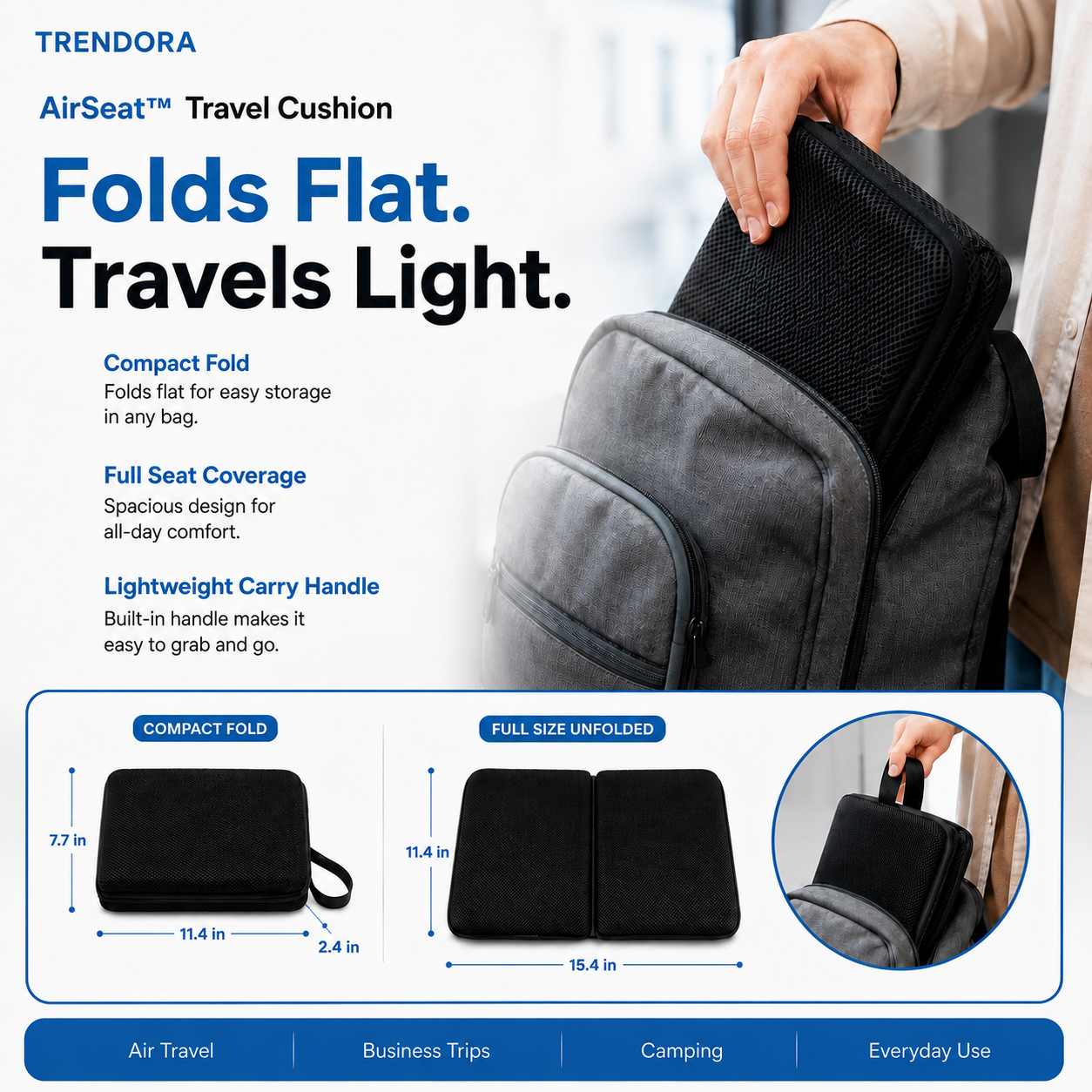 Foldable portable travel cushion packed in backpack